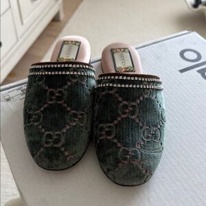 Gucci Green and Pink Mules with Crystal Trim